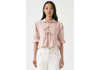 Heidi Short Sleeve Blouse with Tie Front &amp; Frill Detail by Seventy Mochi - Mid Vintage Blue, Pink Dawn