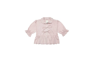Heidi Short Sleeve Blouse with Tie Front &amp; Frill Detail by Seventy Mochi - Mid Vintage Blue, Pink Dawn