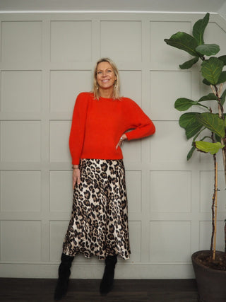 Skip Satin Slip Skirt with Elasticated Waist - Camel Leopard Print