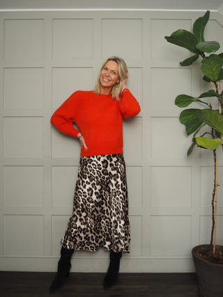 Skip Satin Slip Skirt with Elasticated Waist - Camel Leopard Print