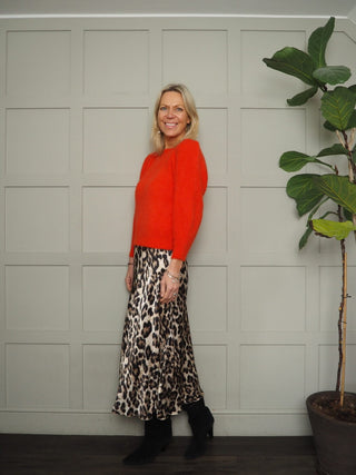 Skip Satin Slip Skirt with Elasticated Waist - Camel Leopard Print