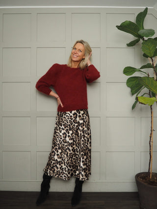 Skip Satin Slip Skirt with Elasticated Waist - Camel Leopard Print