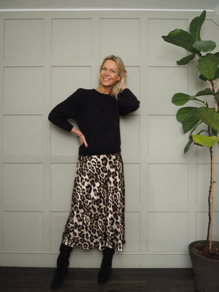 Skip Satin Slip Skirt with Elasticated Waist - Camel Leopard Print