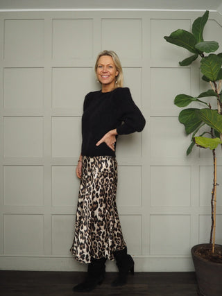 Skip Satin Slip Skirt with Elasticated Waist - Camel Leopard Print