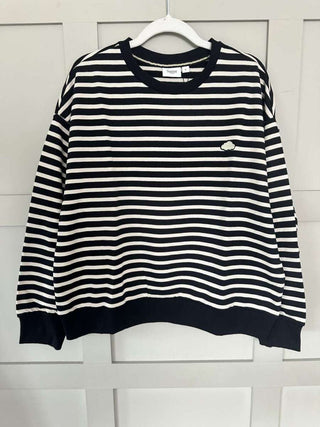 Gila Round Neck, Long Sleeve Striped Sweatshirt with Cloud Motif by Saint Tropez - Black/Off White