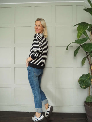 Gila Round Neck, Long Sleeve Striped Sweatshirt with Cloud Motif by Saint Tropez - Black/Off White