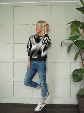 Gila Round Neck, Long Sleeve Striped Sweatshirt with Cloud Motif by Saint Tropez - Black/Off White