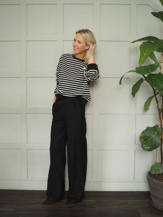 Adriana High Waisted, Straight Leg, Linen Mix Trousers with Side Pockets - Black