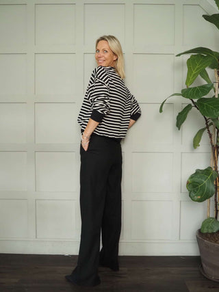 Adriana High Waisted, Straight Leg, Linen Mix Trousers with Side Pockets - Black