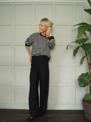 Adriana High Waisted, Straight Leg, Linen Mix Trousers with Side Pockets - Black
