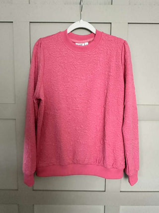 Gandy Round Neck, Long Sleeve Sweatshirt with Rose Textured Pattern by Saint Tropez - Dusty Rose and Navy Blue