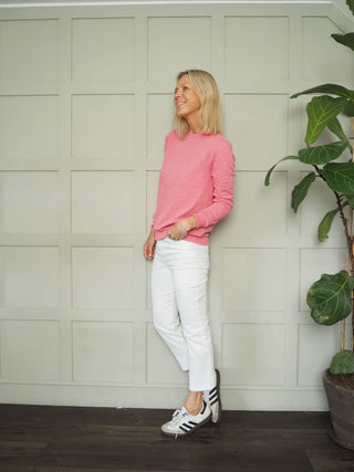 Gandy Round Neck, Long Sleeve Sweatshirt with Rose Textured Pattern by Saint Tropez - Dusty Rose and Navy Blue