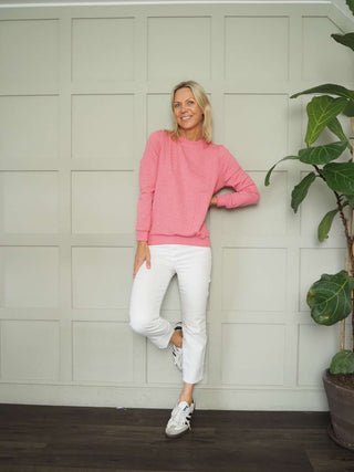 Gandy Round Neck, Long Sleeve Sweatshirt with Rose Textured Pattern by Saint Tropez - Dusty Rose and Navy Blue