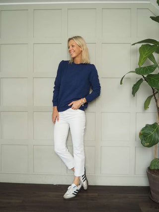 Gandy Round Neck, Long Sleeve Sweatshirt with Rose Textured Pattern by Saint Tropez - Dusty Rose and Navy Blue