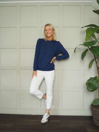 Gandy Round Neck, Long Sleeve Sweatshirt with Rose Textured Pattern by Saint Tropez - Dusty Rose and Navy Blue