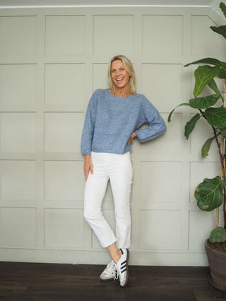 Gaine Round Neck Jumper with Cropped Sleeves by Saint Tropez - Blue, Oatmeal and Pink