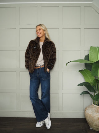 Ambra Faux Fur Bomber Jacket by Rino &amp; Pelle - Chocolate Bean (Aubergine), Leopard