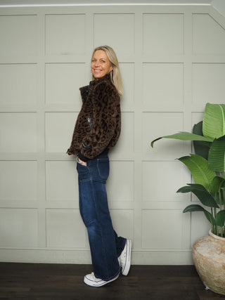 Ambra Faux Fur Bomber Jacket by Rino &amp; Pelle - Chocolate Bean (Aubergine), Leopard