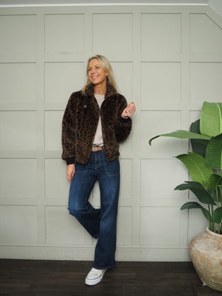 Ambra Faux Fur Bomber Jacket by Rino &amp; Pelle - Chocolate Bean (Aubergine), Leopard