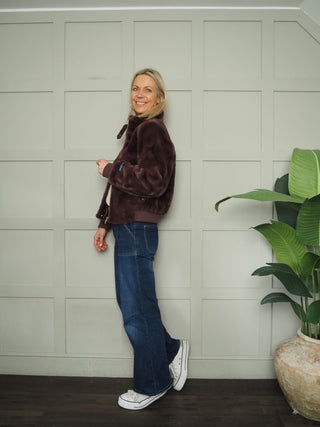 Ambra Faux Fur Bomber Jacket by Rino &amp; Pelle - Chocolate Bean (Aubergine), Leopard