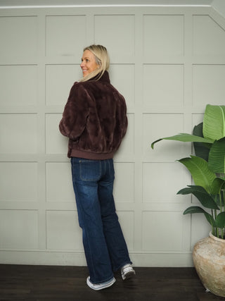 Ambra Faux Fur Bomber Jacket by Rino &amp; Pelle - Chocolate Bean (Aubergine), Leopard