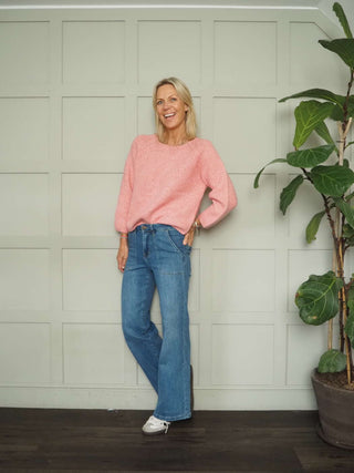 Gaine Round Neck Jumper with Cropped Sleeves by Saint Tropez - Blue, Oatmeal and Pink