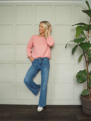 Gaine Round Neck Jumper with Cropped Sleeves by Saint Tropez - Blue, Oatmeal and Pink