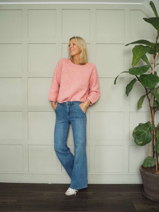 Gaine Round Neck Jumper with Cropped Sleeves by Saint Tropez - Blue, Oatmeal and Pink