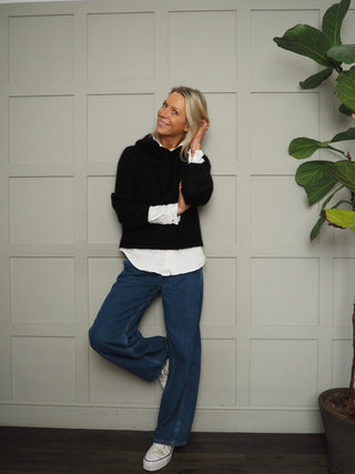 Halo Mohair Mix Jumper with Hood and Drawstring - Black, Burgundy, Ecru and Oatmeal