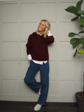 Halo Mohair Mix Jumper with Hood and Drawstring - Black, Burgundy, Ecru and Oatmeal
