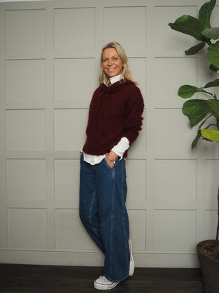 Halo Mohair Mix Jumper with Hood and Drawstring - Black, Burgundy, Ecru and Oatmeal