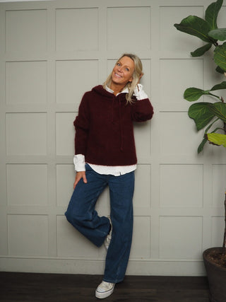 Halo Mohair Mix Jumper with Hood and Drawstring - Black, Burgundy, Ecru and Oatmeal