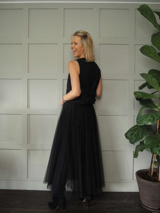 Bunty Classic Pin Stripe Waistcoat With Smart Back Bow Detail - Black