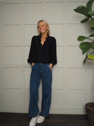 Elcot LONG Sleeve Blouse with V Neckline and Frill Detail - Baby Blue, Burgundy, Off White, Yellow