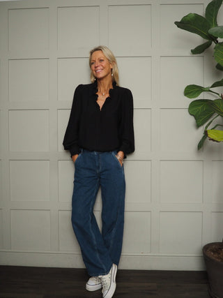 Elcot LONG Sleeve Blouse with V Neckline and Frill Detail - Baby Blue, Burgundy, Off White, Yellow