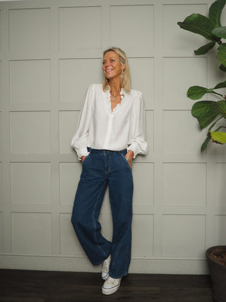 Elcot LONG Sleeve Blouse with V Neckline and Frill Detail - Baby Blue, Burgundy, Off White, Yellow