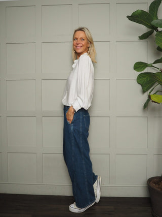 Elcot LONG Sleeve Blouse with V Neckline and Frill Detail - Baby Blue, Burgundy, Off White, Yellow