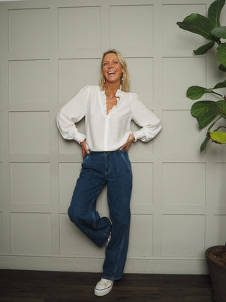 Elcot LONG Sleeve Blouse with V Neckline and Frill Detail - Baby Blue, Burgundy, Off White, Yellow