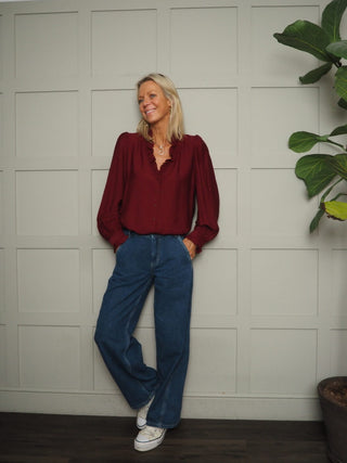 Elcot LONG Sleeve Blouse with V Neckline and Frill Detail - Baby Blue, Burgundy, Off White, Yellow