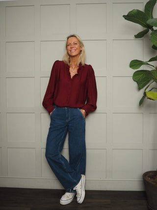 Elcot LONG Sleeve Blouse with V Neckline and Frill Detail - Baby Blue, Burgundy, Off White, Yellow