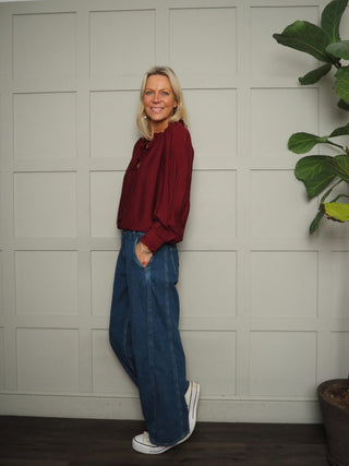 Elcot LONG Sleeve Blouse with V Neckline and Frill Detail - Baby Blue, Burgundy, Off White, Yellow