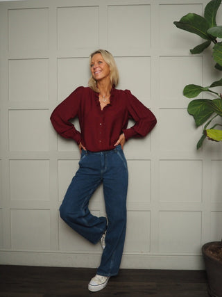 Elcot LONG Sleeve Blouse with V Neckline and Frill Detail - Baby Blue, Burgundy, Off White, Yellow