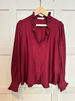 Elcot LONG Sleeve Blouse with V Neckline and Frill Detail - Baby Blue, Burgundy, Off White, Yellow