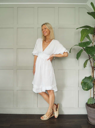 Desiree Linen V-Neck Front and Back Dress with Cropped Sleeves and Tie Belt - White