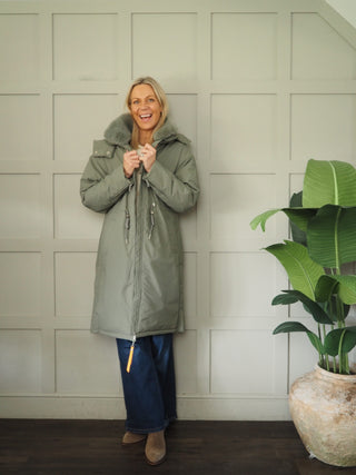 Quinte Coat With Detachable Faux Fur Collar and Hood by Rino &amp; Pelle - Green Ash