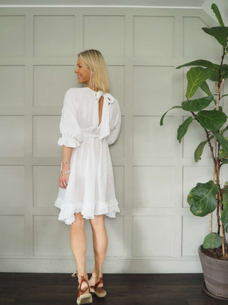 Desiree Linen V-Neck Front and Back Dress with Cropped Sleeves and Tie Belt - White