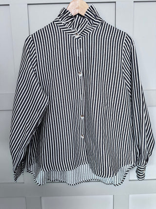 Kelling Stripe Blouse with High Pleated Collar - Charcoal/Chocolate/Ecru