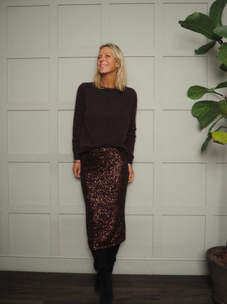 Clara Sequin Midi Pencil Skirt - Burgundy, Chocolate
