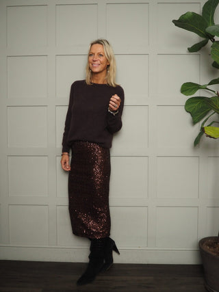 Clara Sequin Midi Pencil Skirt - Burgundy, Chocolate