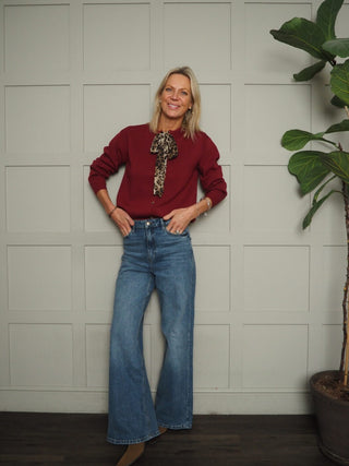 Illinois Cardigan with Leopard Print Tie and Gold Buttons - Black and Burgundy